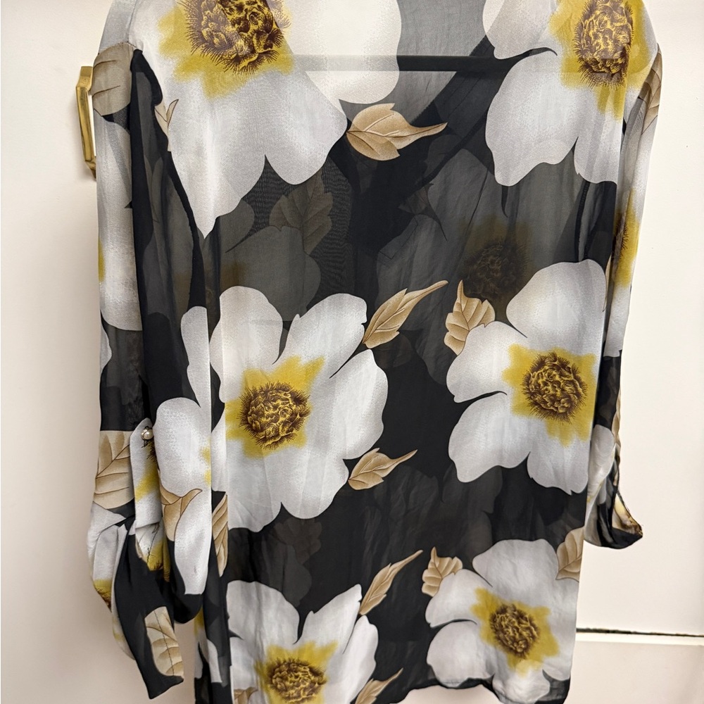 Black Sheer Floral V-Neck Women's Top with Embellished Trim - Picture 5 of 5